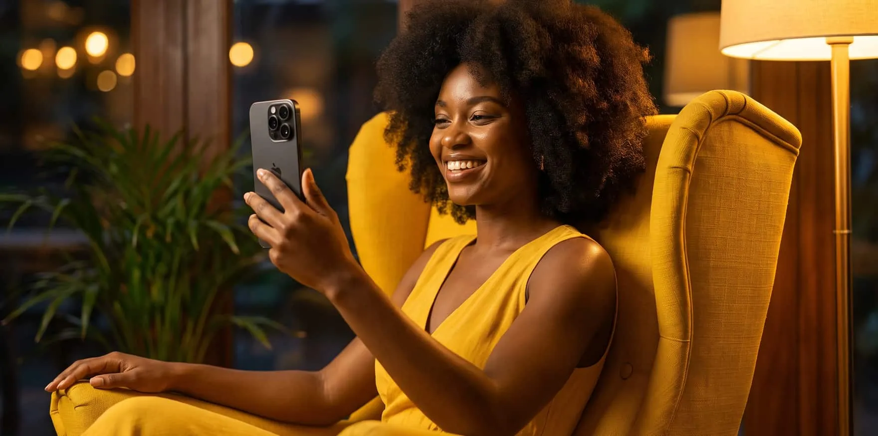 Smiling woman holding a smartphone in an armchair
